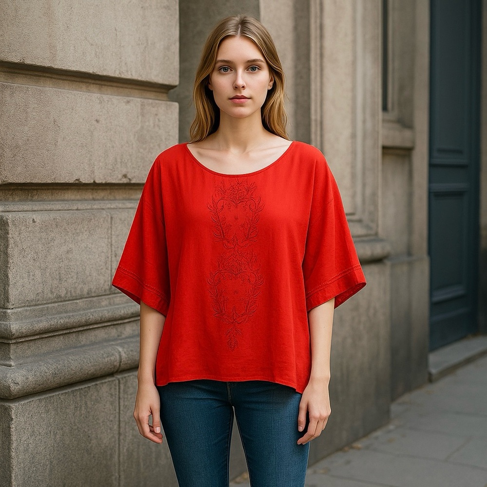 THML Red-Orange Chiffon Sheer Tunic Top With Embroidery. Bat-Wing Chiffon tunic